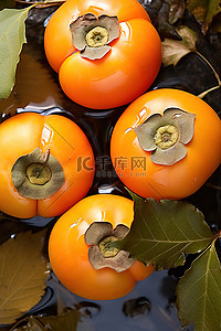 色彩缤纷的柿子浸在橙汁中，坐在叶子上
