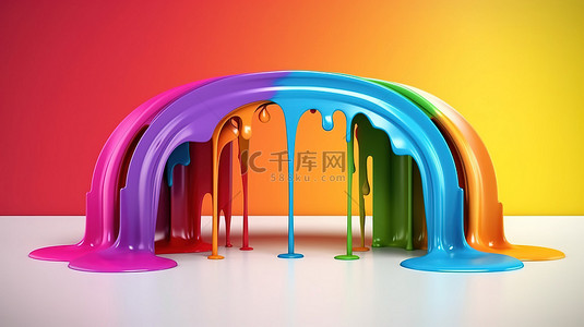 彩色飞溅墨滴背景图片_生动的 3D 矢量插图彩虹拱门滴着彩色油漆