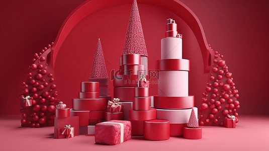 3D 渲染的圣诞讲台，以圣诞老人圣诞树和节日礼品为特色