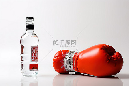 拳击背景图片_水瓶和拳击手套坐在白色的白色桌子上