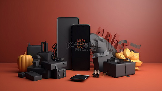促销广告背景图片_3d 渲染黑色星期五销售横幅与智能手机的促销广告