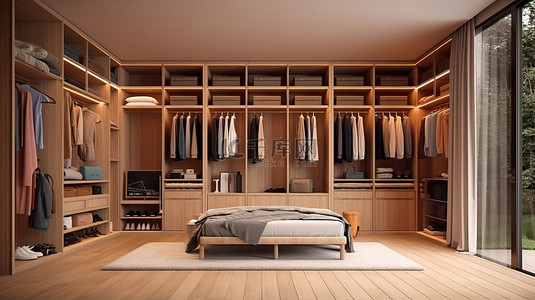 卧室展示背景图片_时尚华丽的木制衣柜，具有宽敞的存储空间，在现代室内设计 3D 渲染中展示
