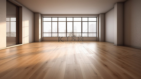 木制仙境，一个 3D 渲染的空房间，铺有豪华地板
