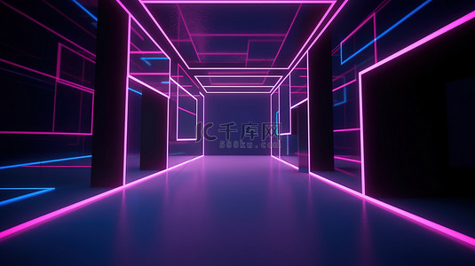 抽象蓝背景图片_霓虹灯几何形状的虚拟空间和空房间中的紫外线