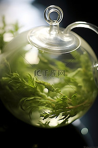 一个绿茶壶，上面放着香草