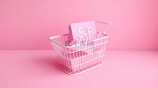 销售购物概念 3d 呈现一个篮子，在粉红色背景上带有销售文本