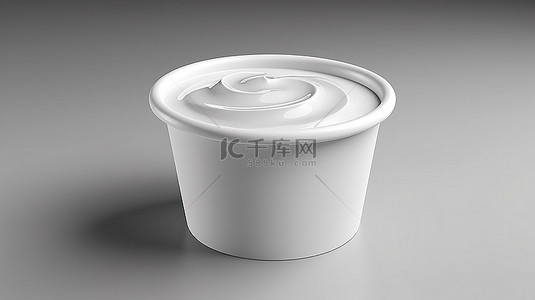 包含白色酸奶油酸奶顶视图模型的银箔盖塑料杯的 3D 渲染