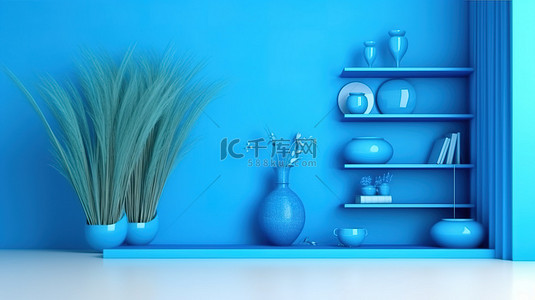 展厅样机背景图片_蓝色主题展厅的 3D 渲染，以带有蓝草口音的产品展示台为特色