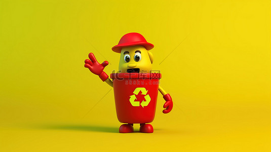 垃圾回收人物背景图片_3D 渲染的人物吉祥物，黄色背景下的红色问号垃圾桶上带有绿色回收标志