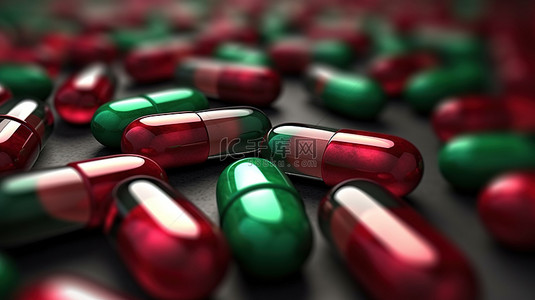 红色和绿色抗生素胶囊的充满活力的 3D 渲染特写