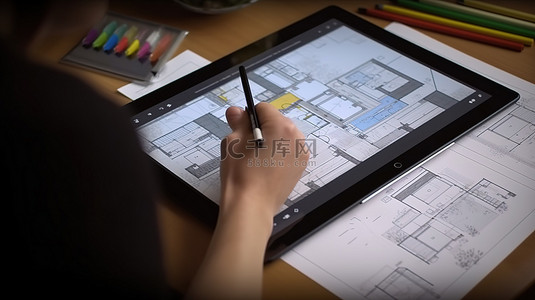 为客户制作 3D 室内设计草图 设计师在图形平板电脑上的创作过程