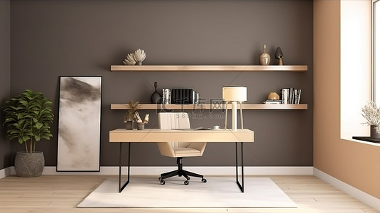 桌面空间背景图片_精致的家庭办公室装饰，突出笔记本电脑模型和 3D 渲染中充足的桌面空间