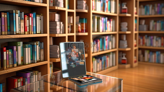 数字时代的电子学习书架上书籍和移动设备的 3D 表示