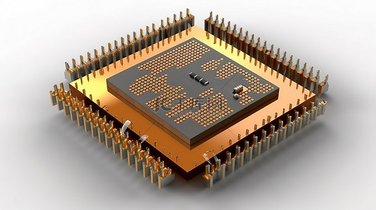 白色背景下微芯片 CPU 处理器和电路的 3D 渲染