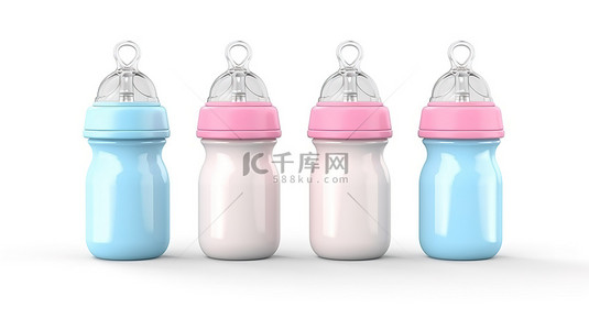 白色背景婴儿奶瓶和奶嘴模型，粉色和蓝色色调 3D 渲染