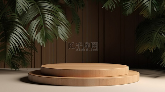 3D 渲染高架木质平台，棕榈树非常适合产品展示
