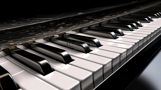音乐背景与高音谱号音符和 3D 渲染钢琴键
