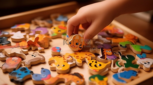 儿童拼图背景图片_小手掌握组装 3D 木制动物拼图的艺术