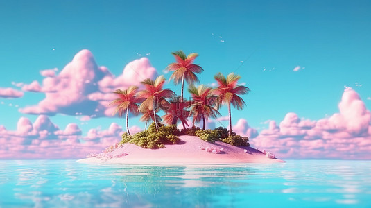 一个令人惊叹的热带岛屿的 3D 插图，岛上有绿色的棕榈树白色的沙滩和蓝天，上面有粉红色的云彩