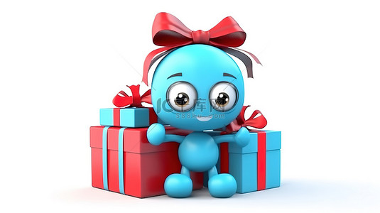 白色背景 3D 渲染蓝书人物吉祥物，拿着带红丝带的礼品盒