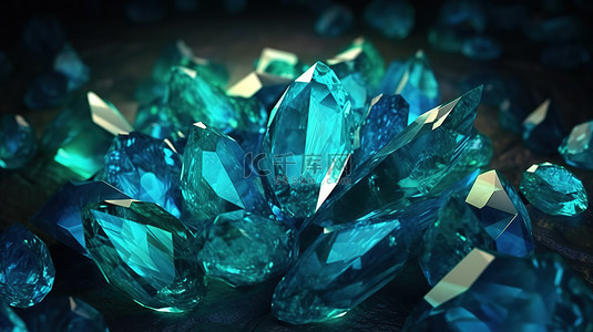 矿井中一组珍贵的蓝色和绿色晶体 3D 渲染