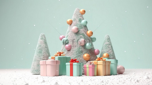 柔和的冬季仙境圣诞树礼品盒和雪上糖果的 3D 渲染