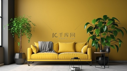 明亮而温馨的客厅配有充满活力的黄色沙发 3D 渲染斯堪的纳维亚室内设计