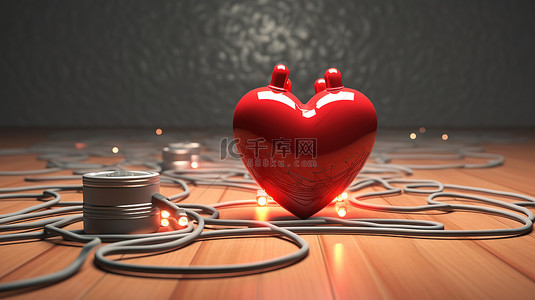 低电量心脏渴望用充电电缆充电 ​​3D 插图