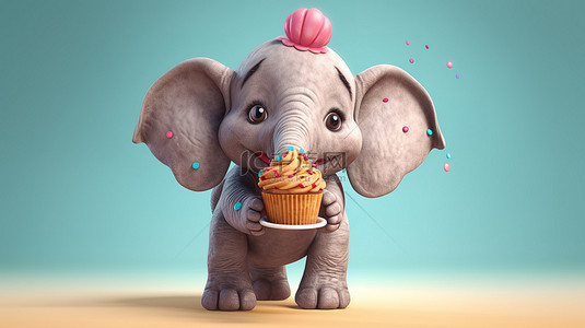 卡通开心的动物背景图片_3d 大象拿着美味的松饼，玩得很开心