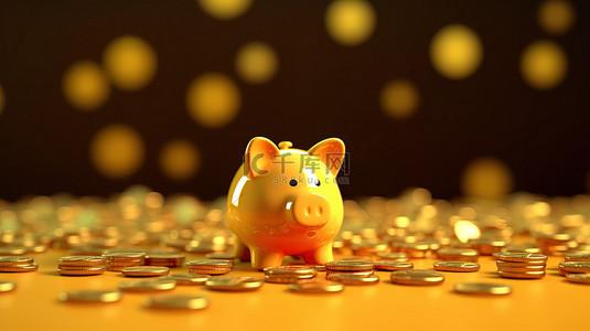 储钱罐背景图片_储钱罐和金币的 3D 渲染说明金融投资概念