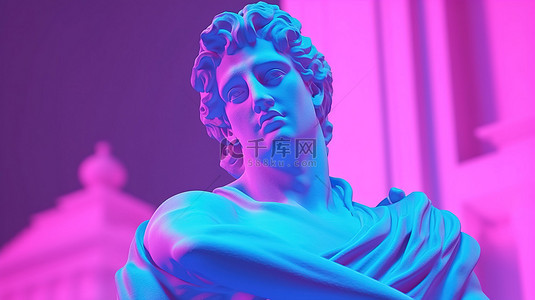 流行海报背景图片_复古波城市流行设计遇见希腊神雕塑蒸汽波调色板的 3D 渲染