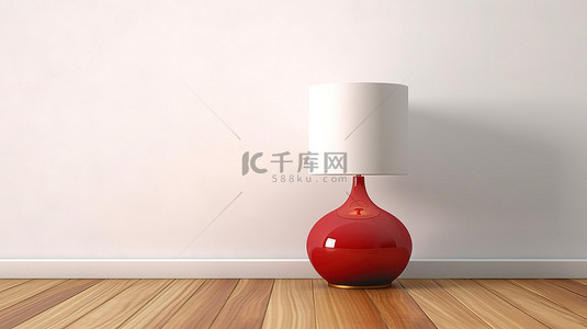 明亮的白色空间 3D 渲染中的红灯在木桌上投射出温暖的光芒