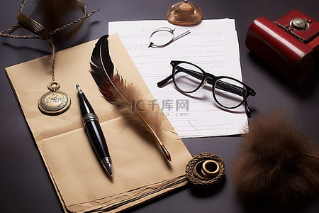 一个装满纸的信封，旁边放着眼镜和一支羽毛笔