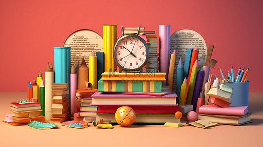 返校教育主题的学校必需品和书籍的渲染插图