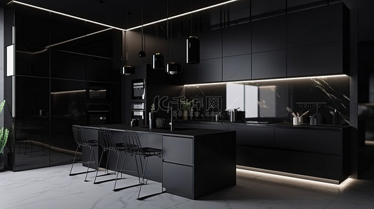 现代奢华 3D 渲染中的极简主义黑色厨房内饰