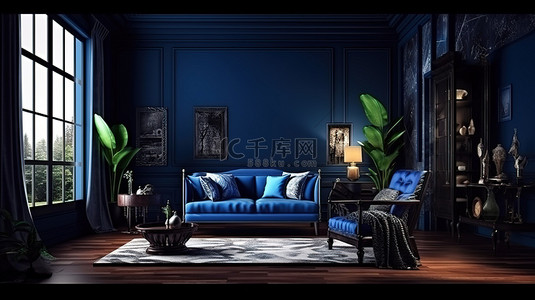 中式室内背景图片_深蓝色中式室内房间的 3D 渲染