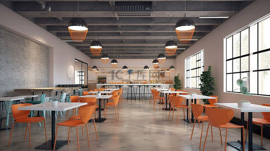 办公室午餐背景图片_计算机图形中的现代办公室自助餐厅工作区设计的创意 3D 渲染
