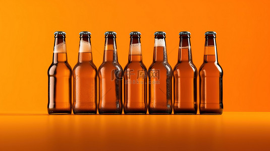 橙色背景展示了单色六瓶装啤酒瓶的 3D 渲染