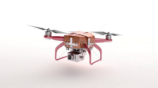 外卖盒背景图片_白色背景下由空中无人机运送的披萨盒的 3D 渲染