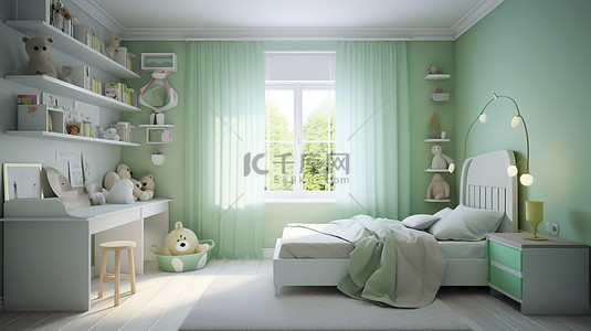 3d渲染白色床背景图片_现代浅绿色儿童房配有白色家具3D渲染设计