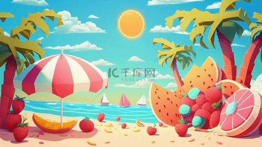 冰淇淋卡通背景背景图片_夏天海滩遮阳伞可爱卡通背景