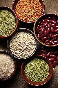 来自南美的不同碗中的九种不同的豆子，色彩缤纷的食物