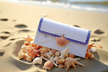里面有贝壳的邮箱和海滩上的信封