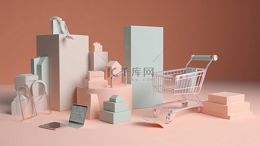 数字购物 3D 渲染的将商品添加到购物车并进行在线支付的概念