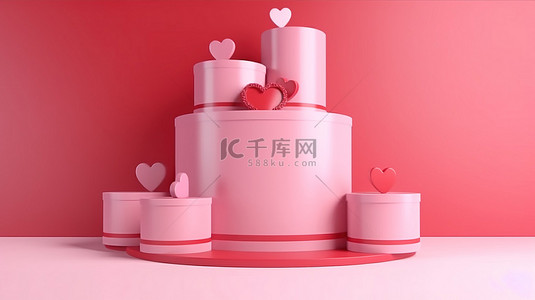 巨大心形背景背景图片_粉红色背景以 3d 形式显示空圆柱讲台，上面有巨大的心形和情人节礼物