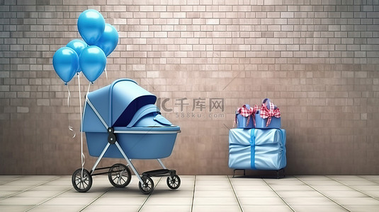 妈妈心情好背景图片_砖墙前的新抵达机场标志配有现代蓝色婴儿车婴儿车和婴儿车 3D 渲染