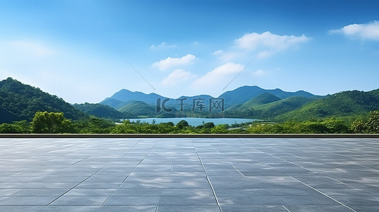 停车场背景的 3D 渲染，在废弃的沥青地板上享有风景如画的山景和蓝天湖景