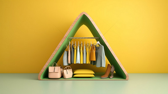 衣架的 3D 渲染，衣架上有衣服，配有袋子和市场道具，坐在黄色和绿色的几何形状的地板上