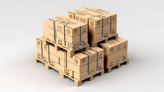 木箱子背景图片_白色背景下木托盘上纸板箱的运输和配送理念 3D 渲染
