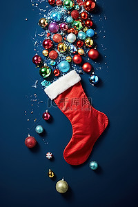 色彩缤纷的圣诞袜，上面漂浮着金属丝灰尘的装饰品